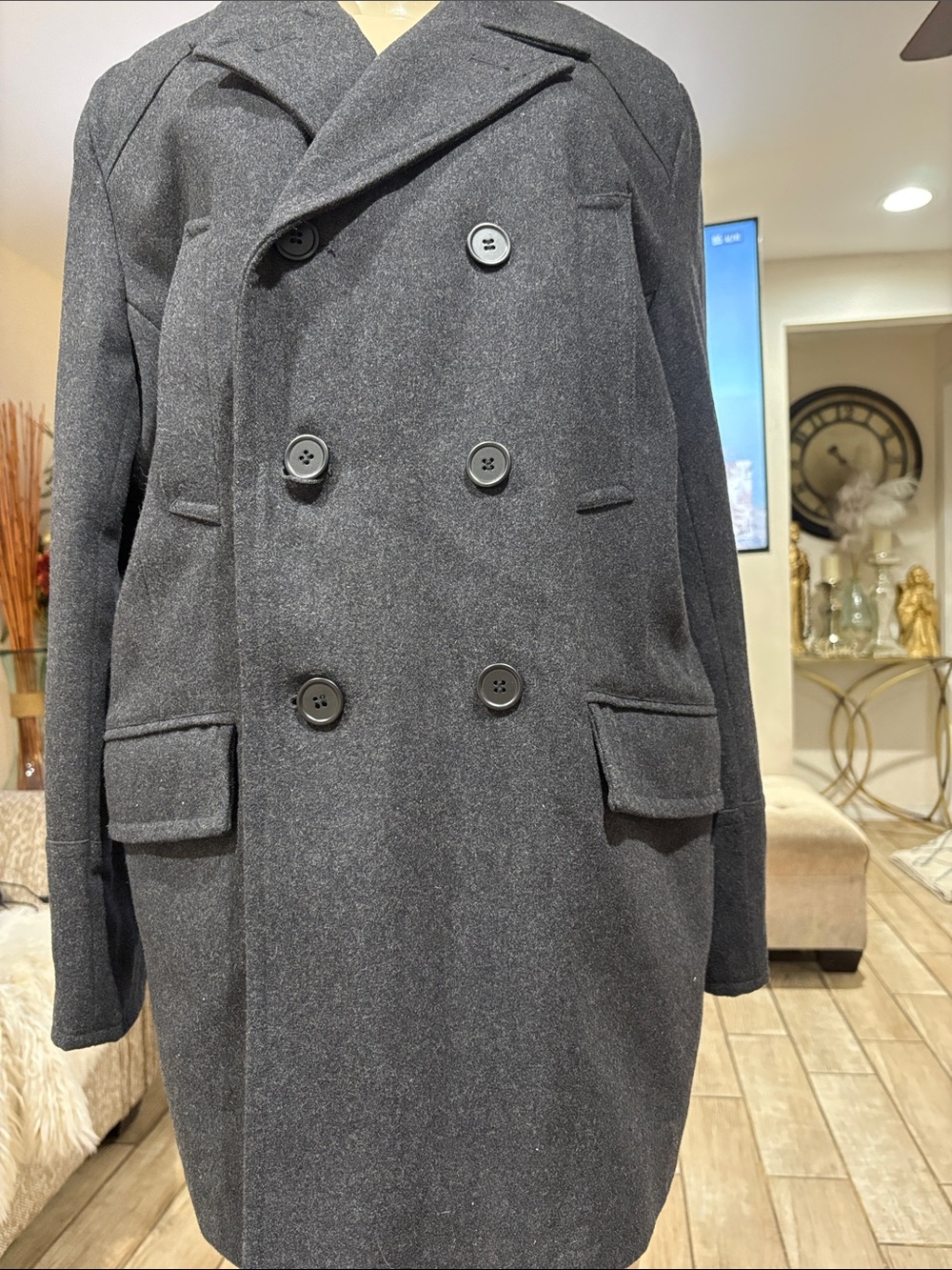 Structure Men's Double-Breasted Wool Peacoat - Black grayish Large